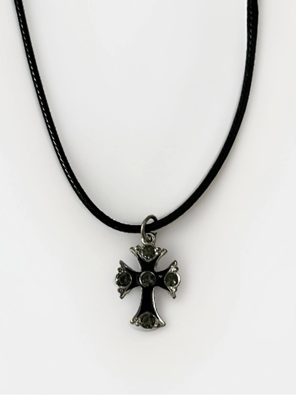 Goth Silver Y2K Cross Pendant Necklace Leather Cord Clear Stones Grunge Punk